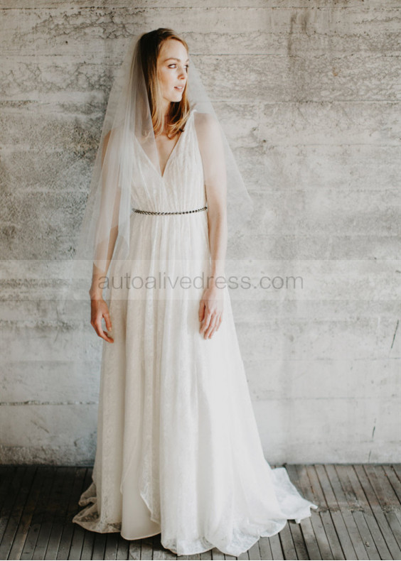 Sleeveless Ivory Lace Deep V Back Wedding Dress